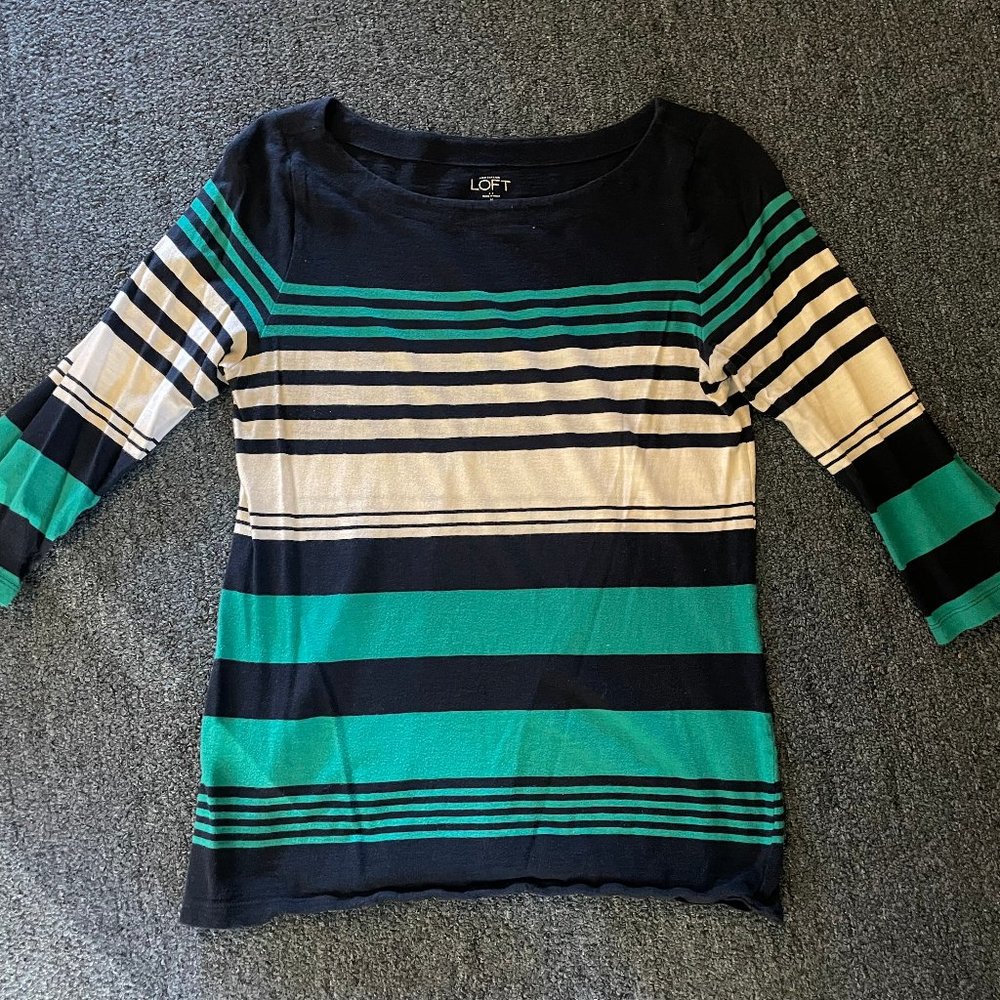 Ann Taylor LOFT navy/teal/white striped 3/4-sleeve shirt, size M